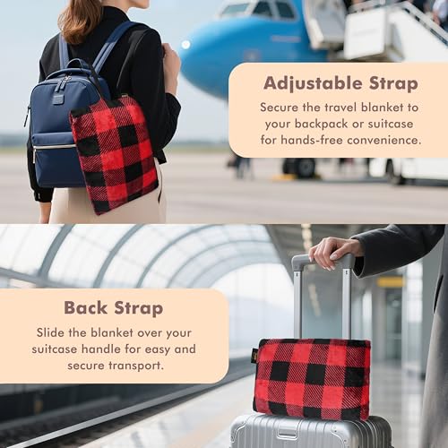 Tirrinia Travel Portable Blanket with Feet Pocket Airplane Office Poncho - color: Plaid Red, size: 50x70 inch (Button Back / Foot Pocket)