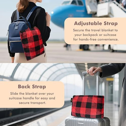 Tirrinia Travel Portable Blanket with Feet Pocket Airplane Office Poncho - color: Plaid Red, size: 50x70 inch (Button Back / Foot Pocket)