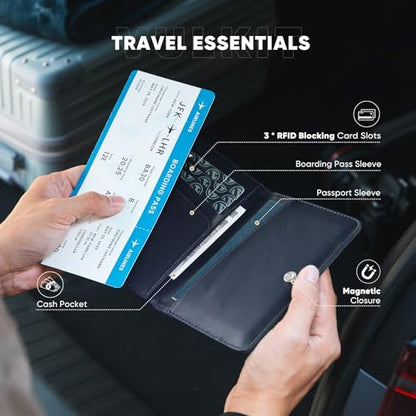 VULKIT Passport Holder For Travel With Magnetic Closure RFID Blocking Travel Wallet Passport Book Cover Boarding Pass Holder Travel Essentials - color: Nappa Navy