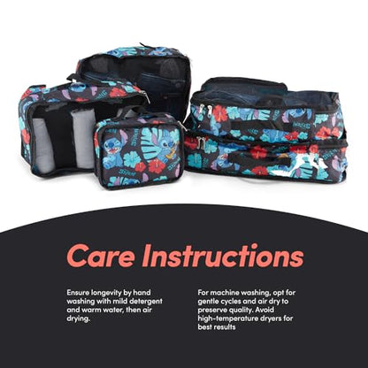 Disney Packing Cubes for Travel – 5 Piece Compression Set, Mickey Minnie Stitch Pooh Luggage Organizer Bags - color: Black Stitch