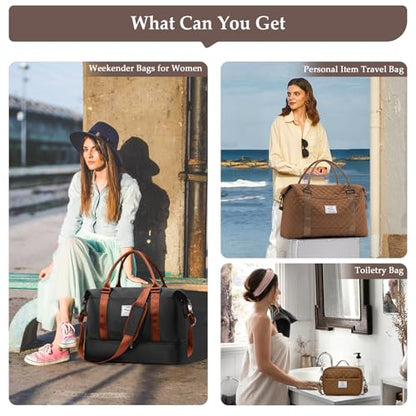 Weekender Bags for Women,Personal Item Travel Bag with Shoes Compartment - color: B-BlackBrown-3PCS-4051, size: Large