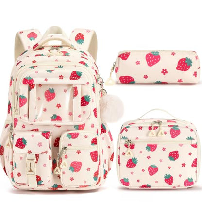 Fimibuke Kids Backpack for School Girls, Strawberry Backpack w/Lunch Box - color: B1.strawberry