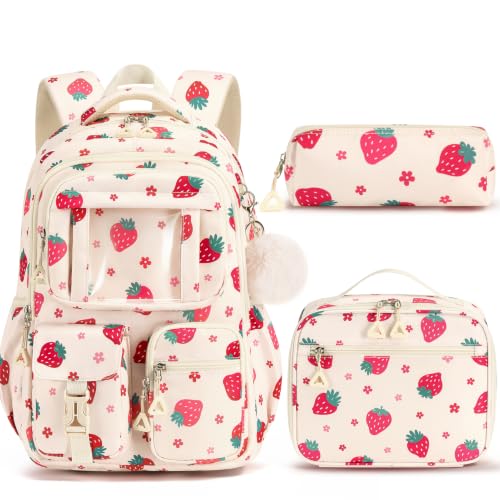 Fimibuke Kids Backpack for School Girls, Strawberry Backpack w/Lunch Box - color: B1.strawberry