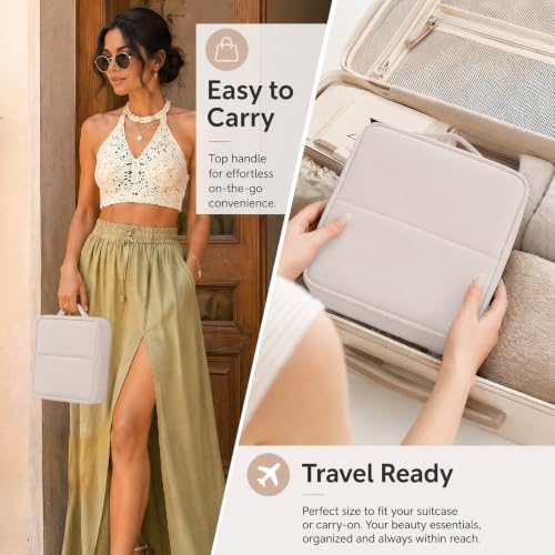 Travel Makeup Bag Standing Folding Leather Cosmetic Organizer with Handle - color: Cream, size: Large