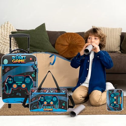Kids Luggage Sets with Wheels Boys Travel Softside Suitcases 16" Carry on Suitcase with Duffle Bag Boys Luggage Sets Airline Approved - color: Game