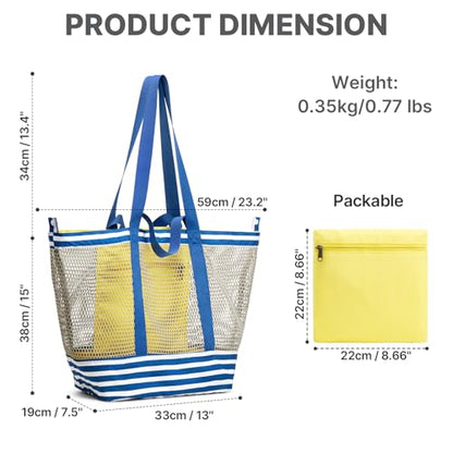 G4Free Extra Large Mesh Beach Bags for Women, Packable Sandproof Pool Bag - color: Blue & Yellow