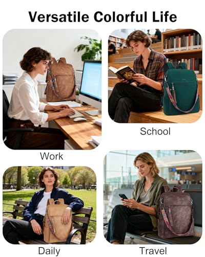 FADEON Leather Laptop Backpack for Women, 15.6 inch, Travel Work Bag - color: 2 Dark Green Nubuck Style