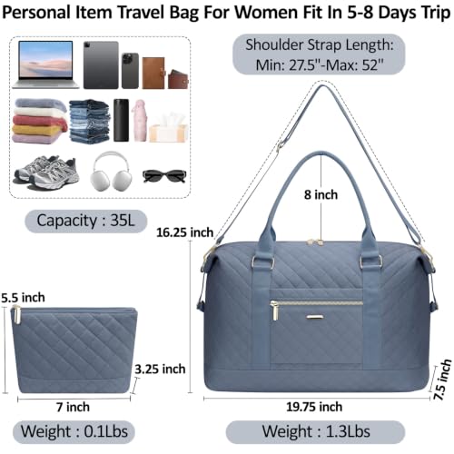 Tenot Quilted Duffle Bag for Women Travel Tote Bag with Luggage Sleeve - color: Blue, size: Large