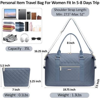 Tenot Quilted Duffle Bag for Women Travel Tote Bag with Luggage Sleeve - color: Blue, size: Large