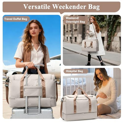 Small Travel Duffle Bag with Shoe Compartment, 35L Personal Item Bag - color: A-Beige & Brown, size: Small