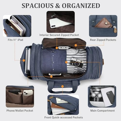 Gonex Canvas Duffle Bag, Expandable 60L Travel Overnight Weekender Bag - color: Denim Blue, size: X-Large-60L (Without Shoe Compartment)