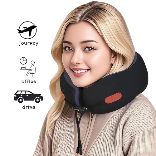 Travel Pillow, Memory Foam Neck Pillow for Airplanes, Includes Eye Mask & Ear Plugs, Ergonomic Design, 360° Support Stowable Pillows for Plane, Car, Train and Home, Black