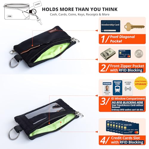 RFID 차단 여행용 지갑, 조절 가능한 랜야드 포함, 작은 나일론 지퍼 파우치 및 신분증, 신용 카드, 현금, 열쇠, 통근자용 배지 홀더, 블랙., 끈이 달린 RFID 차단 여행용 지갑 - color: 블랙.