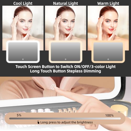 15''X11'' Large Capacity Makeup Bag with LED Mirror, Professional Makeup Case Organizer with 3 Color Light Adjustable Brightness, Travel Make up Cosmetic Case with Detachable Dividers & Shoulder Strap - color: Black, style: Integrated