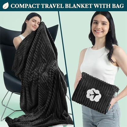 PAVILIA Travel Blanket Pillow, Soft Ribbed Fleece Airplane Blanket, Black | 65x40, Compact Packable Plane Throw with Bag, Luggage Strap and Back Pocket, Cozy Flight Essentials Travelers Camping Gift - color: Black