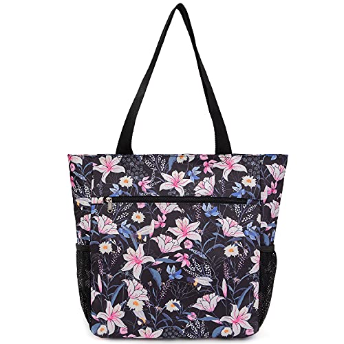 ETidy Large Capacity Foldable Tote Bag With Zipper | Water-resistant, Lightweight, Sandproof, Beach Bag, Gym Bag, Travel Shopping Bag - color: Pink Lily