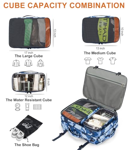 Lumesner 40L Expandable Carry On Travel Backpack with 4 Packing Cubes - color: Camouflage Blue, size: 20 inches