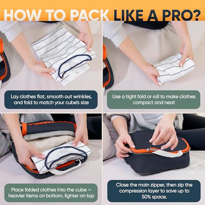 TRIPPED Travel Gear Large Compression Packing Cubes 7-Piece Set for Travel - color: Grey/Orange