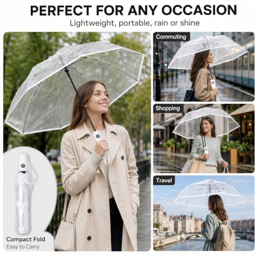 Full Automatic Folding Transparent Umbrella,Lightweight Clear Canopy,Waterproof,Strong Compact Windproof Umbrella for Golf,Backpack and Travel, Weddding - color: Clear White