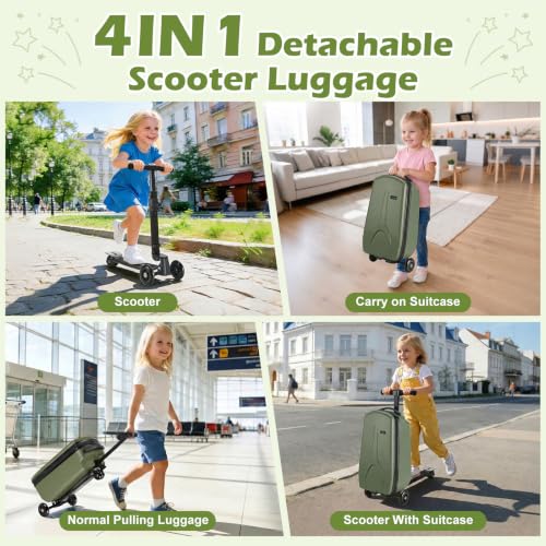 Scooter Luggage for Kids Removable & Foldable Ride on Suitcase-Green - color: Olive Green