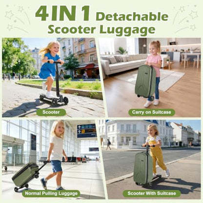 Scooter Luggage for Kids Removable & Foldable Ride on Suitcase-Green - color: Olive Green