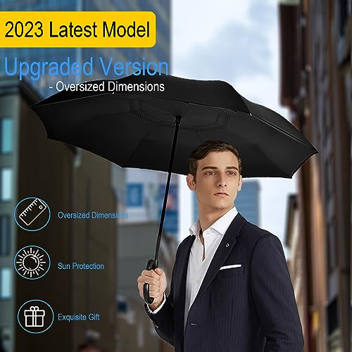 SIEPASA 49/56 Inch Inverted Reverse Upside Down Umbrella, Extra Large Double Canopy Vented Windproof Waterproof Stick Golf Umbrellas with C-shape Handle. - color: Black, size: 56 Inch