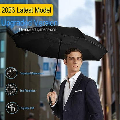SIEPASA 49/56 Inch Inverted Reverse Upside Down Umbrella, Extra Large Double Canopy Vented Windproof Waterproof Stick Golf Umbrellas with C-shape Handle. - color: Black, size: 56 Inch