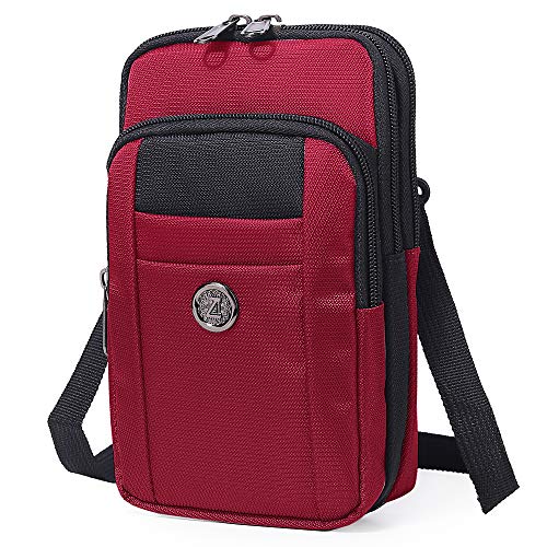 Senient Wolf Waterproof Nylon Multifunctional Phone Crossbody Bag - Small One Shoulder Waist Bag Wallet Travel Passport Holder - color: Red-Black