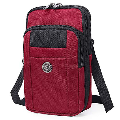 Senient Wolf Waterproof Nylon Multifunctional Phone Crossbody Bag - Small One Shoulder Waist Bag Wallet Travel Passport Holder - color: Red-Black