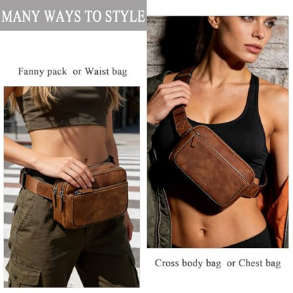 Fanny Packs for Women, Large Vegan Leather Waterproof Belt Bag, Brown - color: Brown
