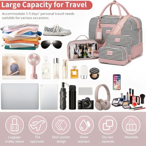 4PCS Weekender Bags for Women Large Overnight Weekend Travel Duffel Bags - color: Pink Stripe