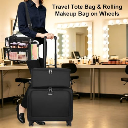 TANTO Rolling Makeup Train Case, Makeup Bag with 7 Pouches & Brush Holder - color: 04-Black（2 in 1） +Brush Bag