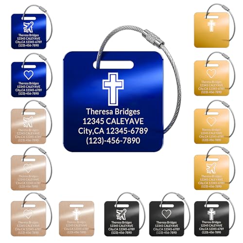 (5pcs) Personalized Engraved Luggage tag-Custom Luggage Metal Tags - color: (2×2)multicolored Gold Text