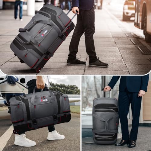30" Expandable Rolling Duffle Bag w/Wheels and Handle | Extra Large Capacity, 2-Layer Space,Multiple Pockets, Travel Duffle Bag for Men Wome,TBL-074,Grey Red - color: Grey Red
