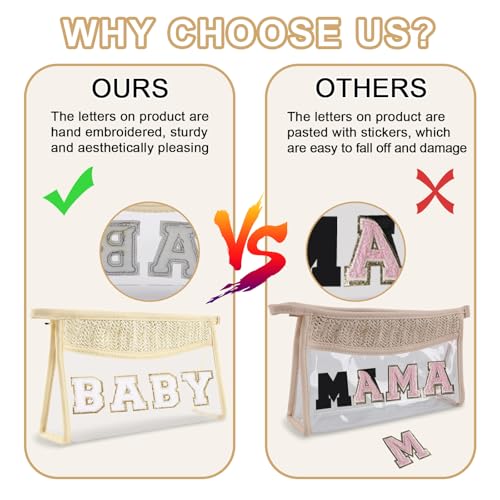 Cute Boho Patch Baby Bag Clear Makeup Letter Bag, Waterproof Zipper Make up Bags Toiletry Pouch for Women Girls, Clear Letter Patch Cosmetic Bags Transparent Organizer Pouch for Travel(Baby, Beige) - color: Baby-Beige