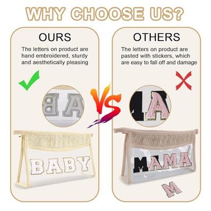 Cute Boho Patch Baby Bag Clear Makeup Letter Bag, Waterproof Zipper Make up Bags Toiletry Pouch for Women Girls, Clear Letter Patch Cosmetic Bags Transparent Organizer Pouch for Travel(Baby, Beige) - color: Baby-Beige