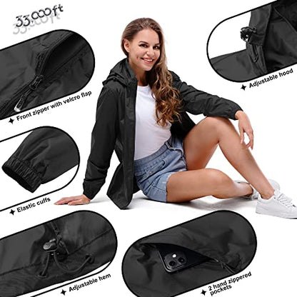 33,000ft Women's Rain Jacket Waterproof Lightweight Packable Raincoat - color: Black, size: Medium