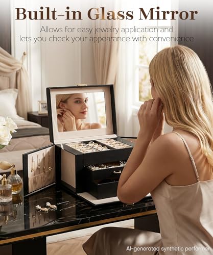 Homde Lockable Jewelry Box for Girl: 3-Layer Safe Organizer with Key - color: Black