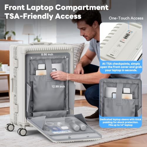20 Inch Carry on Luggage with Front Pocket, Hard Shell Suitcase with Wheels - color: Off White