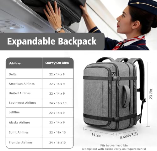 Carry On Backpack,Expandable Large 1-7DAYS Capacity Travel Backpack,Grey - color: Grey, size: 18.4inch - 23.2"x14.9"x9.4"(+3.5")
