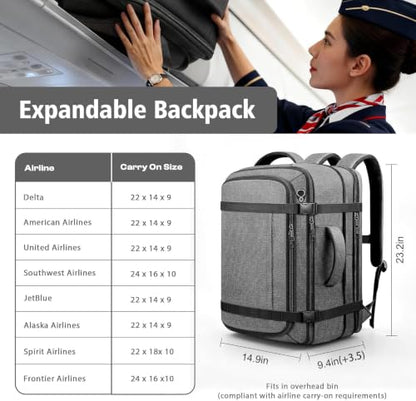Carry On Backpack,Expandable Large 1-7DAYS Capacity Travel Backpack,Grey - color: Grey, size: 18.4inch - 23.2"x14.9"x9.4"(+3.5")