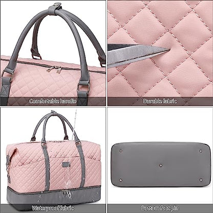 Weekender Bag, Large Travel Duffel Bag for Women, Carry on Overnight Bag with Shoe Compartment and Toiletry Bags - color: A-Pink