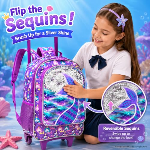 AGSDON 3PCS Rolling Backpack for Girls Boys, Kids Roller Wheels Bookbag, Wheeled School Bag with Lunch Bag - color: Mermaid Upgrade 2