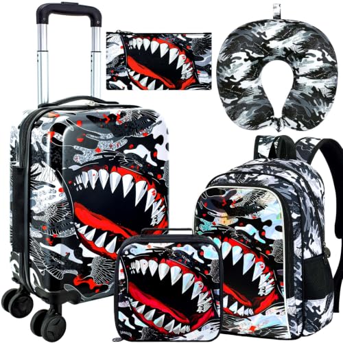 5PCS Kids Luggage Boys Suitcase Set, 16" Hardside Carry-on Shark - color: Hardside Big Mouth