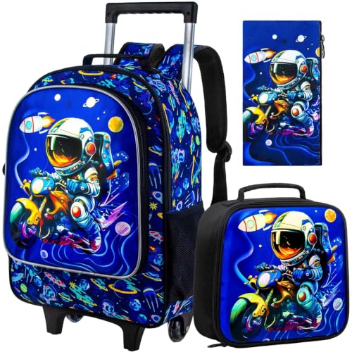 3PCS Rolling Backpack for Girls Boys, Kids Roller Wheeled Bookbag with Lunch Box, Backpacks with Wheels for Elementary - color: Astronaut Blue