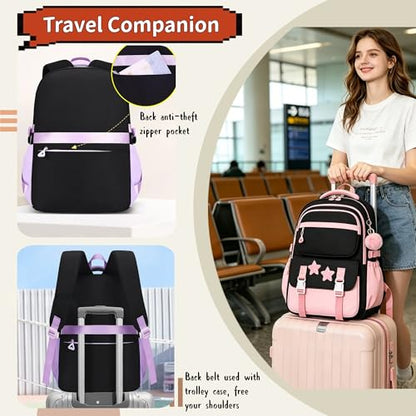 3Pcs Girls Backpack Set for Kids School Bag Bookbag with Star Pins - color: A008-3pcs Pink
