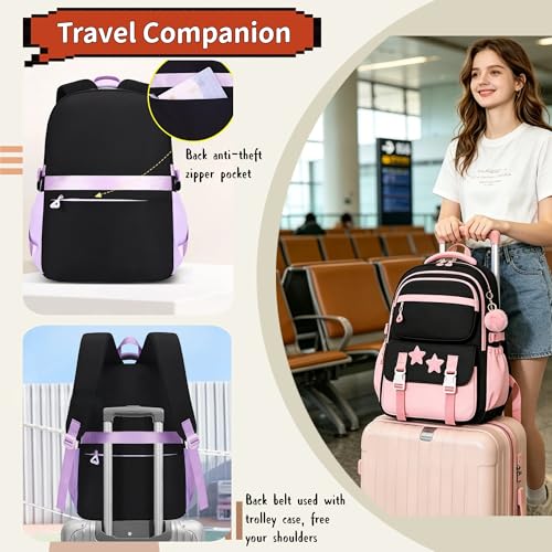 3Pcs Girls Backpack Set for Kids School Bag Bookbag with Star Pins - color: A008-3pcs Black+blue