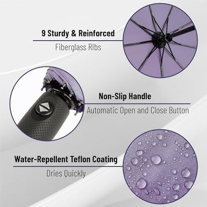 Mr. Pen- Windproof Travel Umbrella, Small Water-Resistant Automatic Folding Umbrella for Rain and Sun, Light, Compact and Portable for Women & Men, Fits Car & Backpack - color: Purple