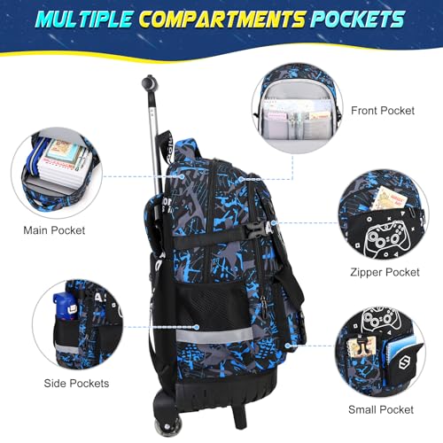 Scothen Cool Luminous Rolling Backpack for Boys with Lunch Bag Pencil Pouch - color: Blue