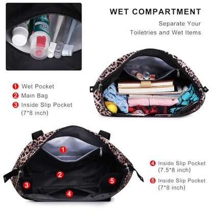 Expandable Duffel Bag for Women with Trolley Sleeve/Wet Pocket Weekender Travel Tote Large Carry On Overnight Luggage - color: Leopard